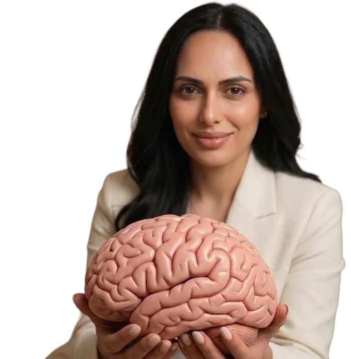 Jamilly Ferreira de Medeiros, psicóloga clínica, segurando um modelo anatômico de cérebro